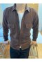 Dark Brown Men's Slim Fit Buttoned Collar Double Pocket Plain Lumberjack Shirt