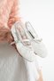 Flora Women's White Pearl Embroidered Tulle Textured Strap Ballerina Flat Shoes