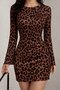 Women's Long Sleeve Crew Neck Leopard Print Diver Mini Dress