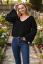 Women's Black V-Neck Oversized Spanish Knitwear Sweater - 2
