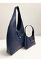 Women's Double Set Large and Small Size Snap Closure Navy Blue Shopper Tote Hand and Shoulder Bag - 2