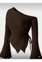 Women's Brown Asymmetrical Spanish Sleeve B Ruched Detail Knitwear Blouse - 2
