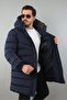 Men's Hooded Long Puffer Coat with Fur Detail - 3