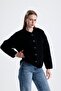 Women's Black Teddy Plush Inside Fleece Jacket O Oversized Buttons Warm Winter - 6