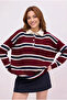 Women's Burgundy Striped Polo Neck Buttoned Oversized Off Shoulder Long Sleeve Knitwear Sweater