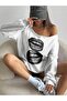 Women's White Lip Printed Oversized Boat Neck Sweatshirt