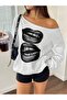 Women's White Lip Printed Oversized Boat Neck Sweatshirt - 4