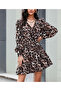 Women's Long Sleeve Elastic Waist Skirt Flounced Leopard Pattern Crepe Dress - 2