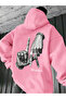Unisex Oversize Hoodie with Hand Figure Printed Hooded Streetwear Sweatshirt Pink
