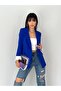 Double-Breasted Neck Buttonless Pocketed Striped Lined Roll-Up Sleeve Blazer Jacket - 2