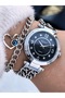 Black Stone Dial Chain Steel Band,Silver Color Lover's Gift Women Wristwatch + Bracelet - 5