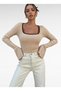 U Neck Garni Detail Spanish Sleeve Light Brown Color Women's Blouse - K Ribbed Knit Fabric - 2