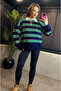 Green-Navy Blue Striped Polo Neck Sweater - 4