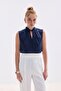 Satin Blouse with Collar Detail - Navy Blue - 2