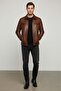 Men's Brown Genuine Leather Mock Neck Jacket - 2