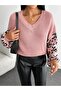 Women's Leopard Sleeve Detail V-Neck Knitwear Sweater - 4