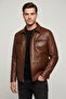 Men's Brown Genuine Leather Mock Neck Jacket