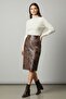 Brown Patchwork Genuine Leather Pencil Skirt - 3