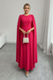 Women Cape Sleeves Pearl Detail Waist Belted Round Neck Crepe Fabric Dress