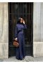 Women's Navy Blue Waist Belted Pencil Pants-Jacket Set Yel221767 - 5