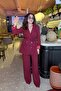 Women's Blazer Jacket Pants Set Accessory and Button Detail Wide Leg Bottom Top Set