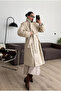 Beige Thick Lined Belted Leather Trench - Cold and Wind Resistant