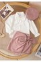 Girl's Beret Leather 3-Piece Set - Pearl and Stone Detailed Bowknot Shirt - Bowknot Suede and Leather Skirt - 2