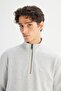 Regular Fit Normal Cut Hooded Zipper Detail Gray Melange Sweatshirt - 4