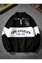 Black and White Patchwork Color Los Angeles Printed Half Zip Polo Neck Sweatshirt (One Piece) - 4