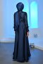 Navy Blue Sleeves Feathered Top Sequined Satin Evening Dress - 4