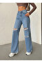 Blue Knee-Laser-Cut Boyfriend Baggy Jeans - 4