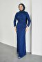 Navy Blue Gathered Front Lace Evening Dress
