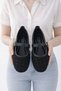 Black Tweed Fabric Mary Janes Ballet Flats Stylish Buckled Comfortable Sole Daily Shoes BYNDLCK01