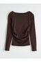 Brown Boat Neck Gathered Bodysuit