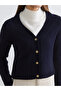 Navy Blue V-Neck Self-Patterned Women's Knitwear Cardigan - 3