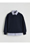 Navy Blue Shirt Collar Women's Thick Sweatshirt - 5