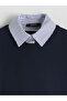 Navy Blue Shirt Collar Women's Thick Sweatshirt - 6