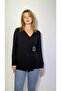 Women's Black Double-Breasted Collar Accessory Detailed Blouse