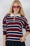 Burgundy Striped Polo Neck Buttoned Women's Knitwear Sweater