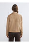 Beige Mock Neck Women's Suede Look Coat - 5