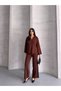 Women's Polo Neck Corded Fabric Bottom-Top Knitwear Set