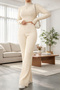 Women's Ecru Striped High Neck Crop Top and High Waist Sweatpants Set Sporty Stylish Combination - 3