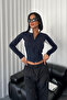 Retro Zippered Navy Blue Colored Crop Blouse - 4
