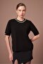 Women's Strass Stone Detailed Short Sleeve Sweater Black 20893