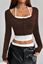 Twist Women's Fit Long Sleeve Buttoned 2-Piece Coffee Crop Blouse