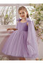 Girls Bow Sleeveless Cape Detail Mesh Dress - 2