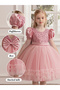 Girls Pink Sequin Puff Sleeve Ruffles Hem Dress - 6