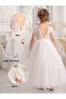 Girls White Lace Puff Sleeve Tulle Maxi Dress - 6