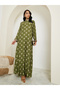 Women Stand Collar Printed Jalabiya With Lace Trim