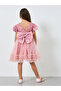 Girls Pink Sequin Puff Sleeve Ruffles Hem Dress - 4